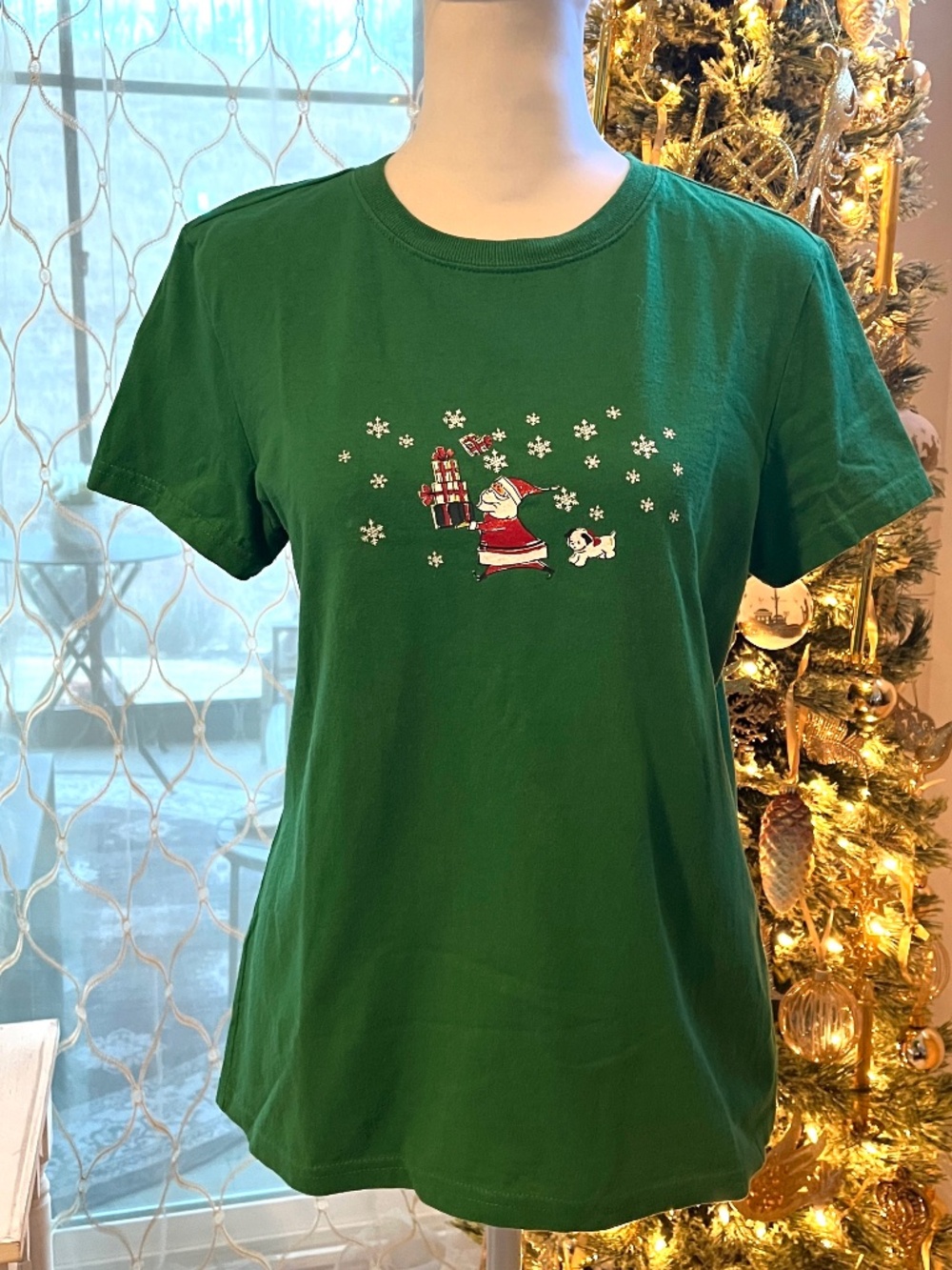 Target Green Short Sleeve Tee with Santa and Puppy Snowflake Graphic